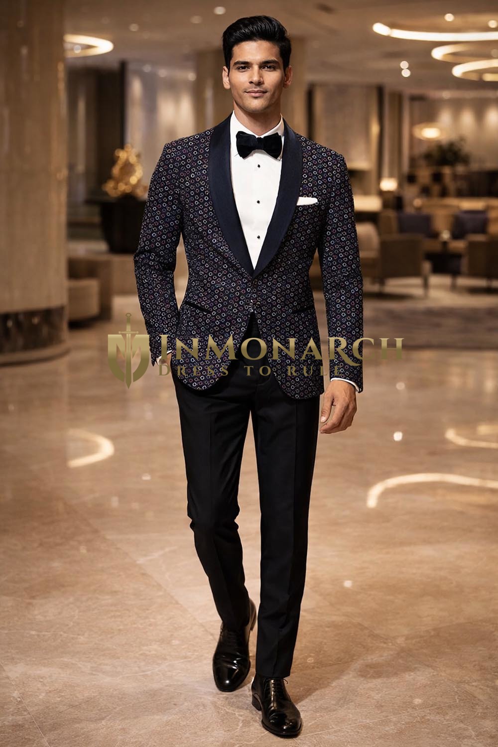 Blazer bleu marine motifs cercles satin noir col châle