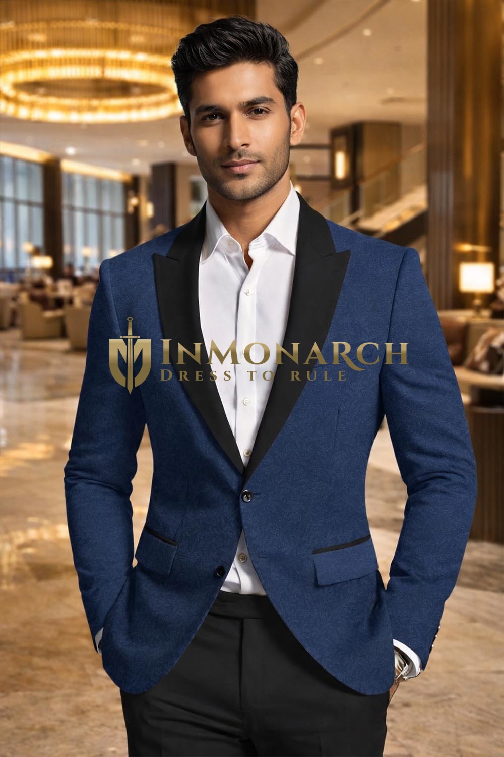 Mens Blue Jacquard Peak Lapel Tuxedo Blazer Slim Fit Formal Jacket Coat