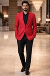 Mens Red Linen Check Blazer Notch Lapel Two Button Sport Jacket