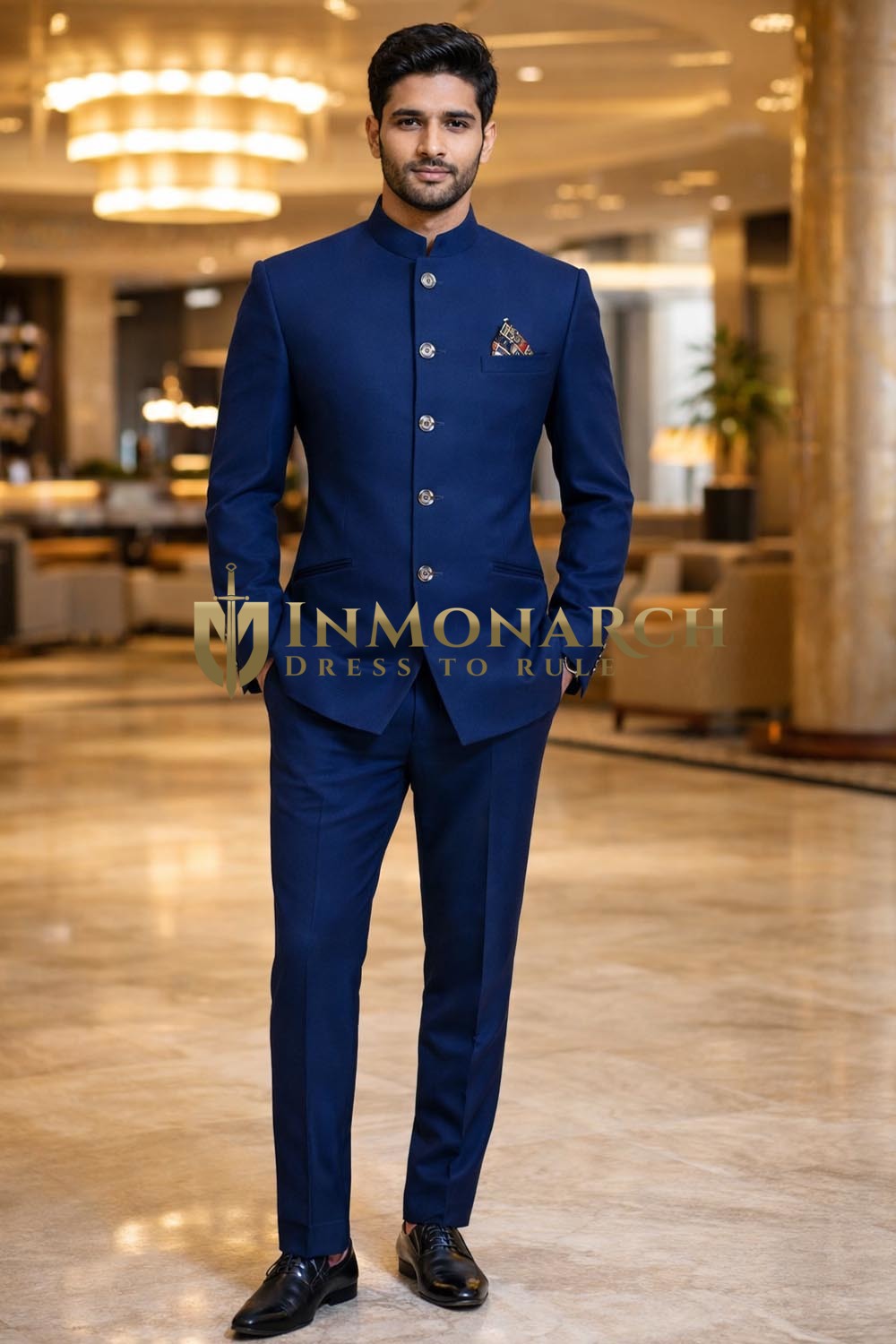 Marineblauer Nehrukragen-Blazer Herren