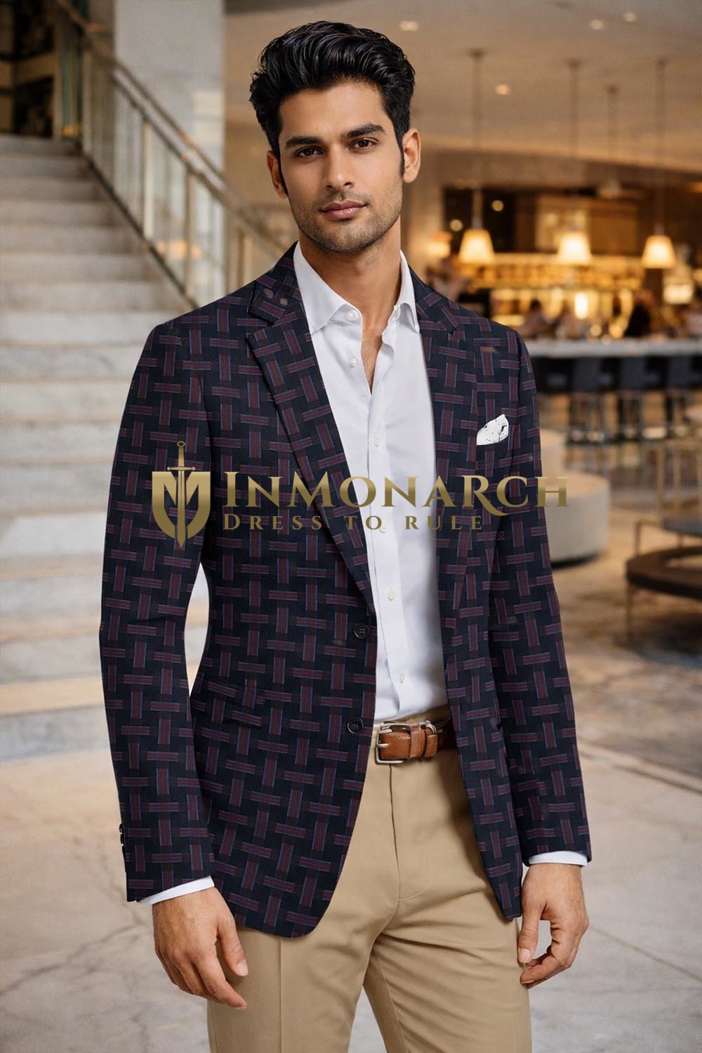 Mens Black Red Check Blazer Slim Fit Modern Casual Party Jacket Coat