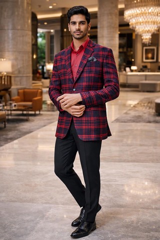 Veste sport bleu marine à carreaux rouges