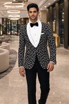 Mens Black White Printed Shawl Lapel Tuxedo Blazer Slim Fit Party Jacket