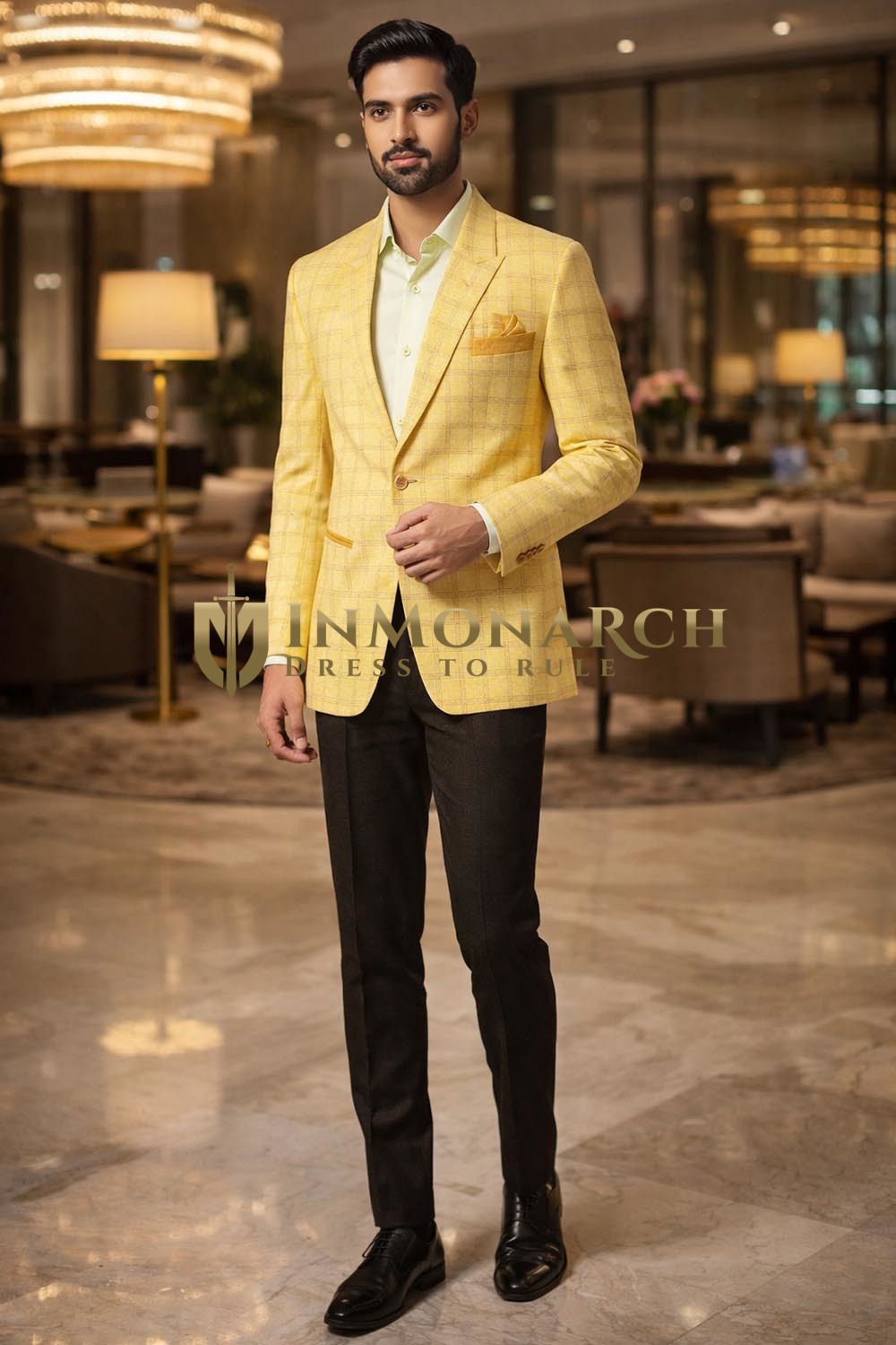 Mens Yellow Linen Check 1 Piece Blazer Slim Fit Wedding Summer Jacket