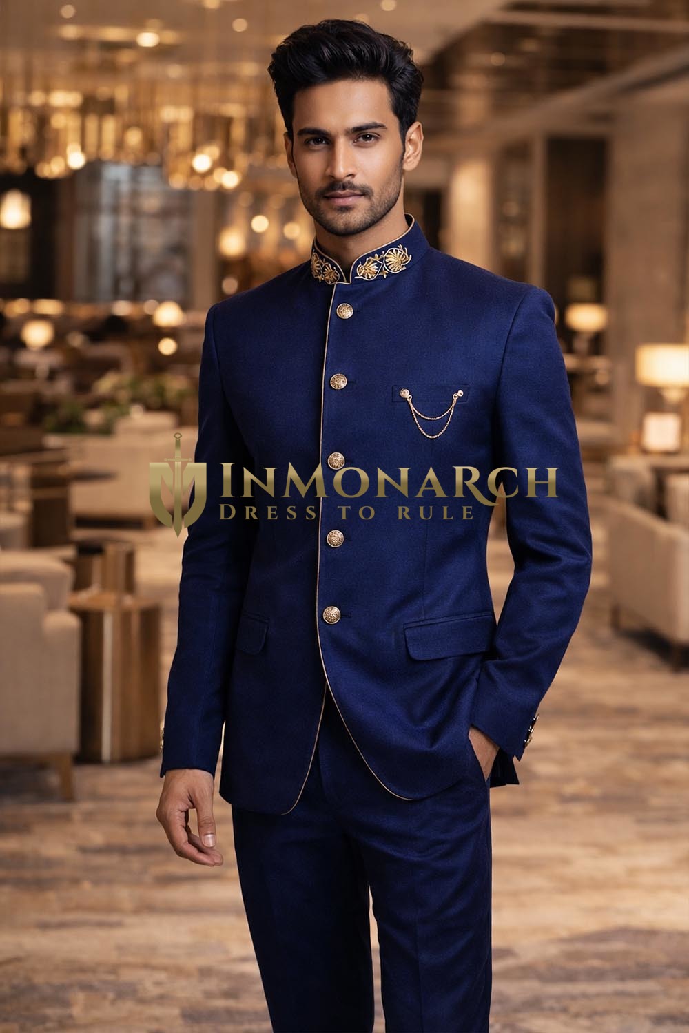 Blazer bleu marine broderie col nehru 5 boutons dorés
