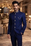 Blazer bleu marine broderie col nehru 5 boutons dorés