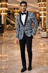 Mens Sky Blue Printed Shawl Lapel Blazer Slim Fit Party Tuxedo Jacket
