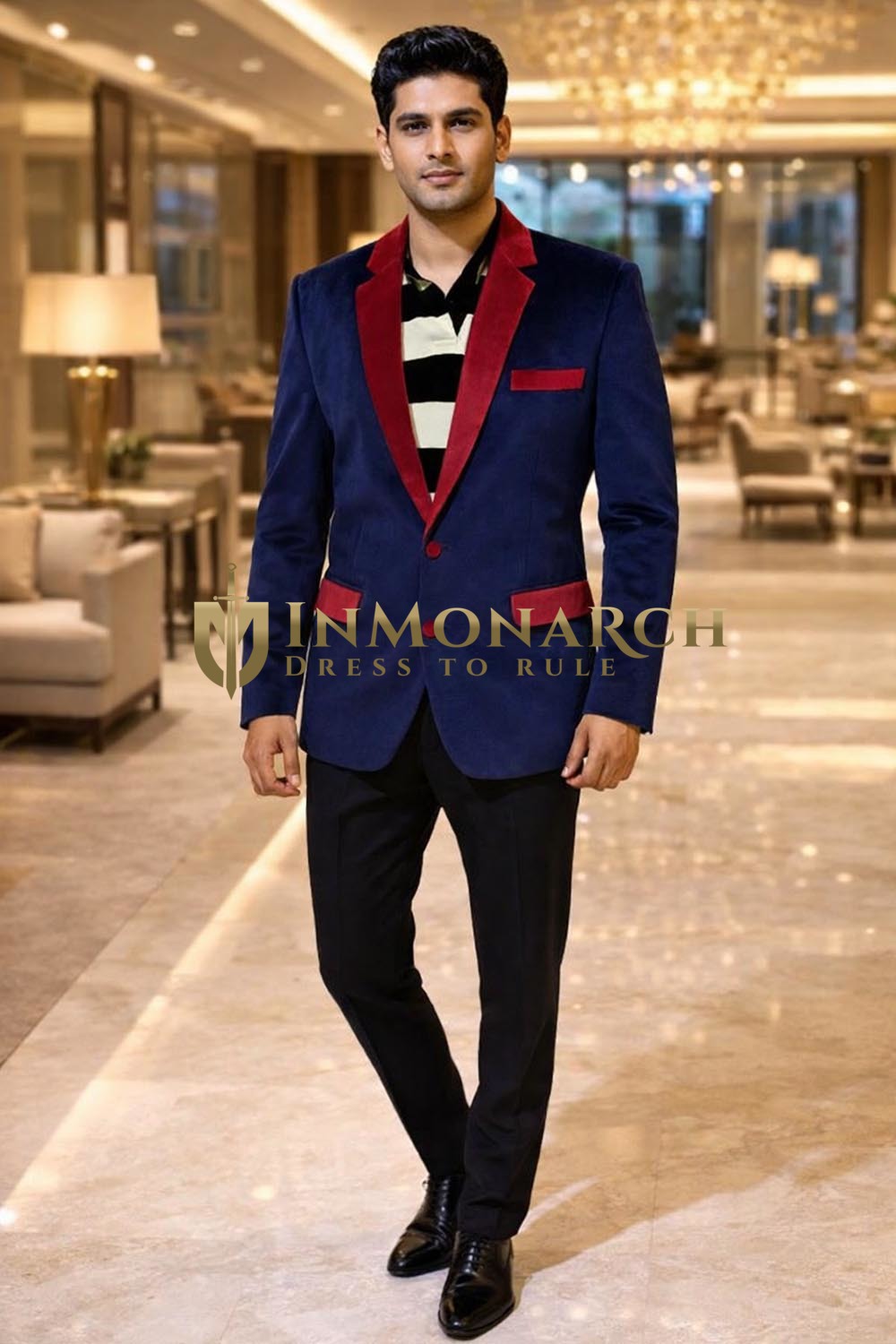 Mens Navy Blue Velvet Slim Fit Two Button Party Blazer Jacket