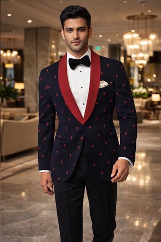 Blazer slim bleu marine imprimé cerises