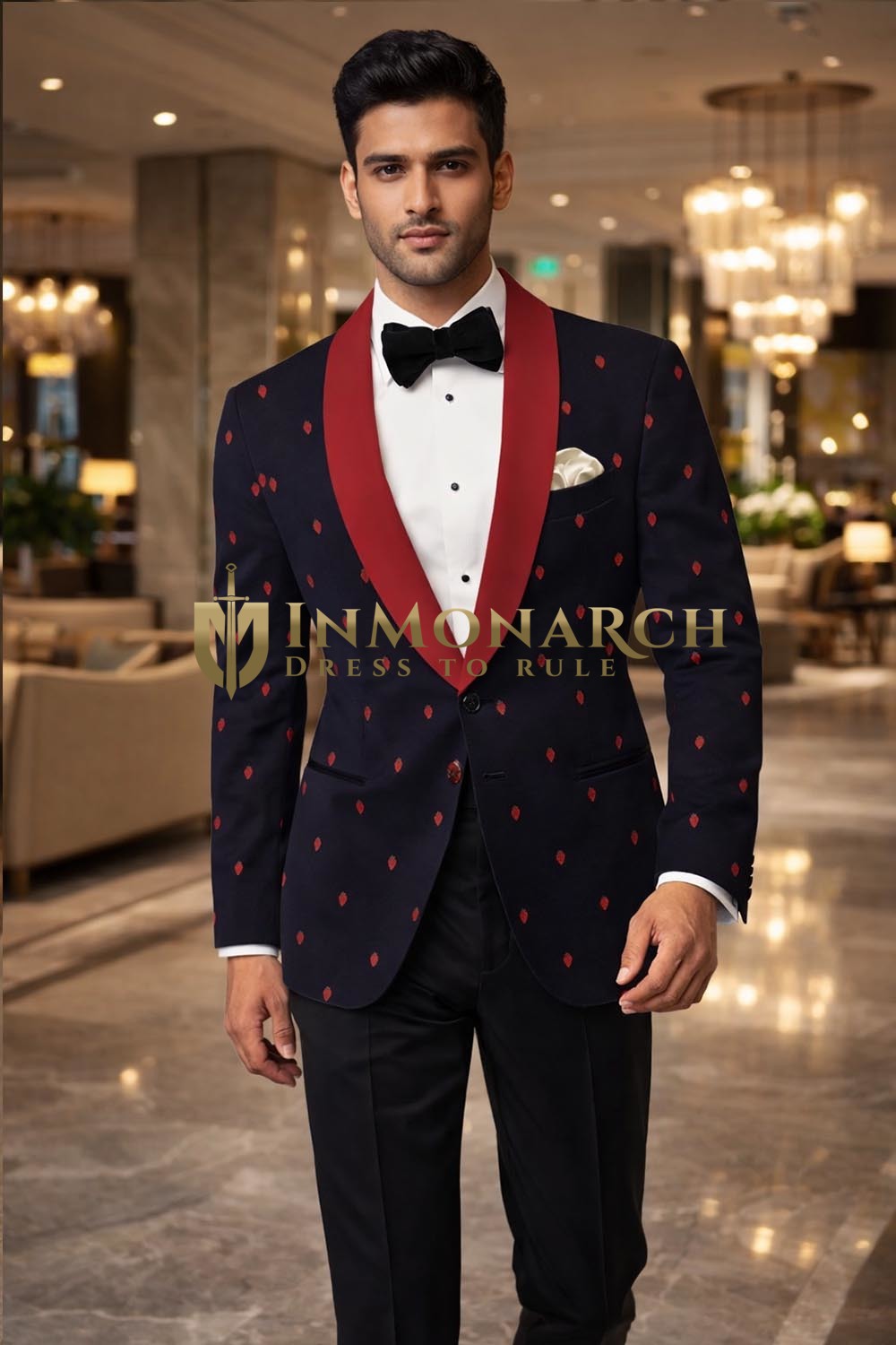 Mens Navy 2 Piece Shawl Lapel Tuxedo Suit Red Print Formal Dinner Prom Wear