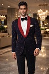 Mens Navy 2 Piece Shawl Lapel Tuxedo Suit Red Print Formal Dinner Prom Wear