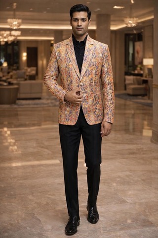Blazer jute soie jaune bleu motifs paisley col cranté