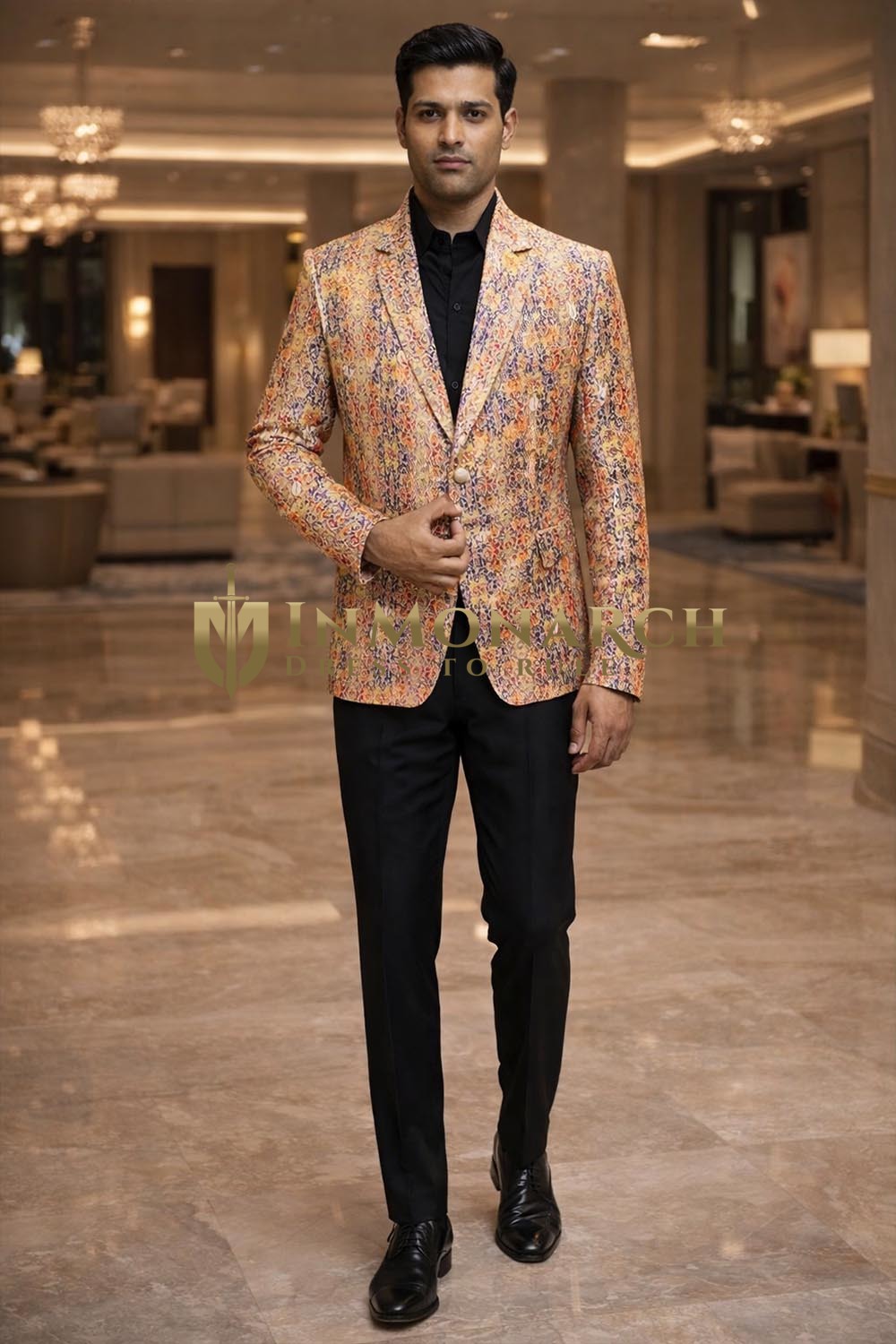 Mens Yellow Blue Paisley Blazer Slim Fit Two Button Party Jacket Coat