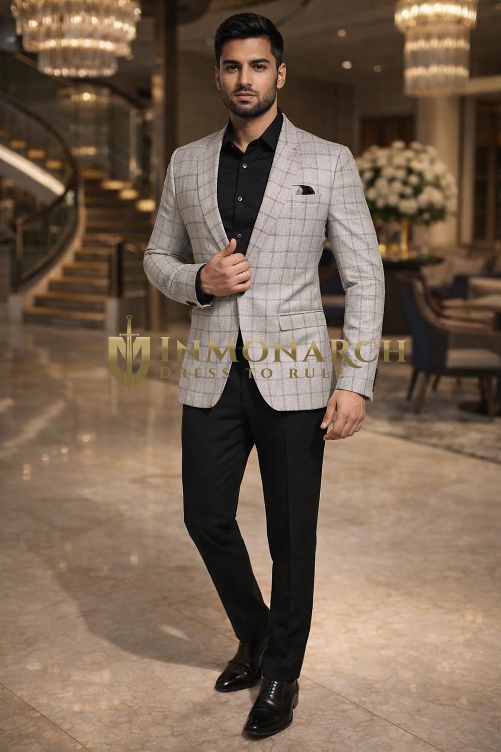Blazer gris lin à carreaux homme témoin