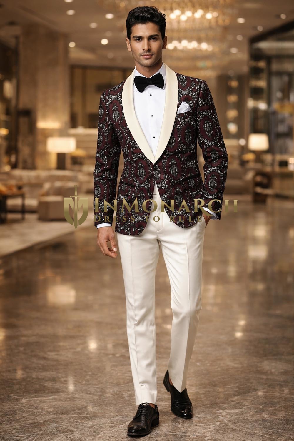 Blazer vino solapa crema estampada negra slim 2 botones