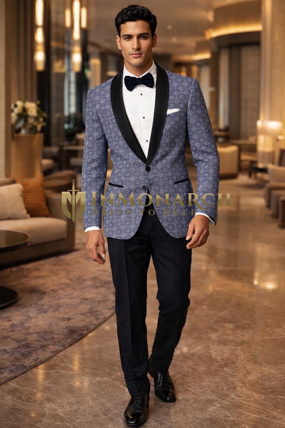 Mens Sky Blue Circle Print Shawl Lapel Tuxedo 2 Piece Slim Fit Party Wear