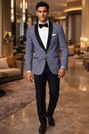Mens Sky Blue Circle Print Shawl Lapel Tuxedo 2 Piece Slim Fit Party Wear