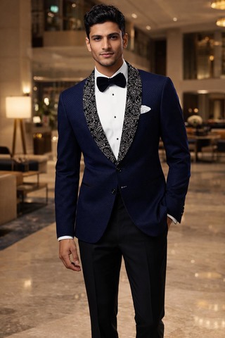 Blazer bleu marine foncé col châle satin noir stylé