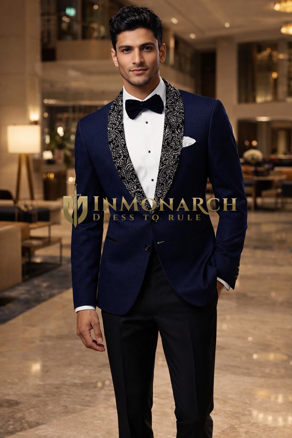 Blazer bleu marine foncé col châle satin noir stylé