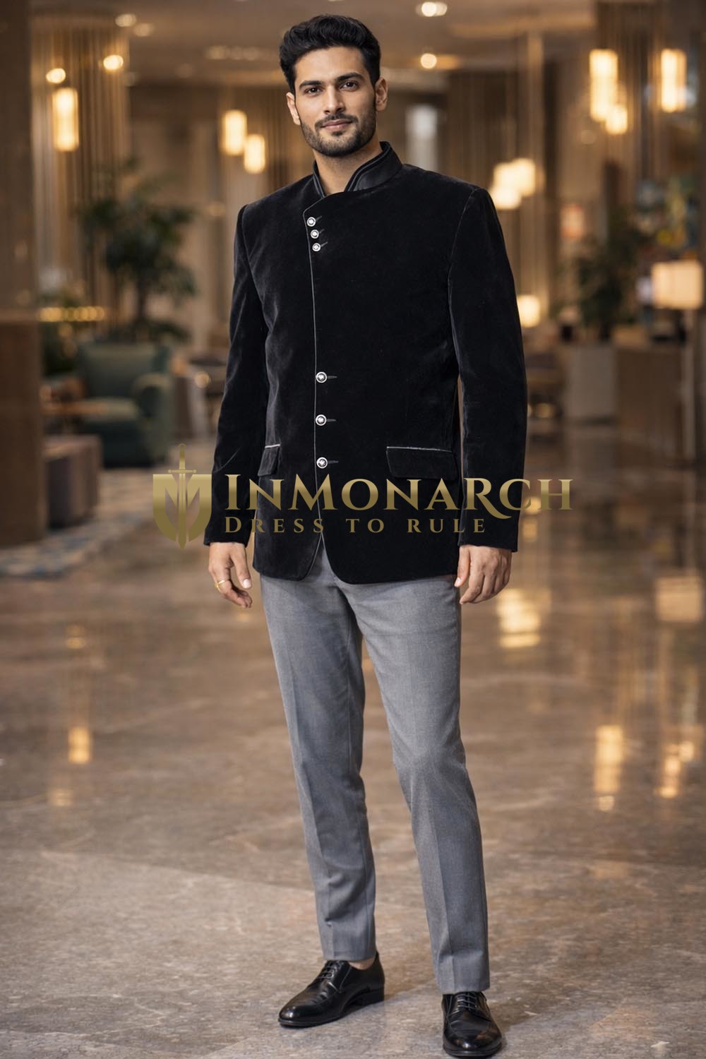 Mens Black Velvet Angrakha Jodhpuri Suit Slim Fit Wedding Party Wear