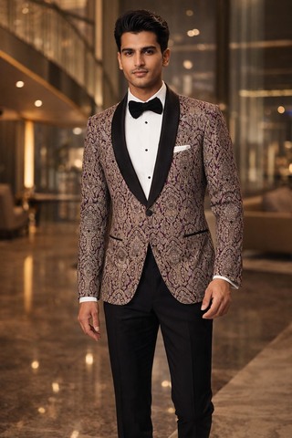 Blazer kimkhab violet fleurs dorées ethnique