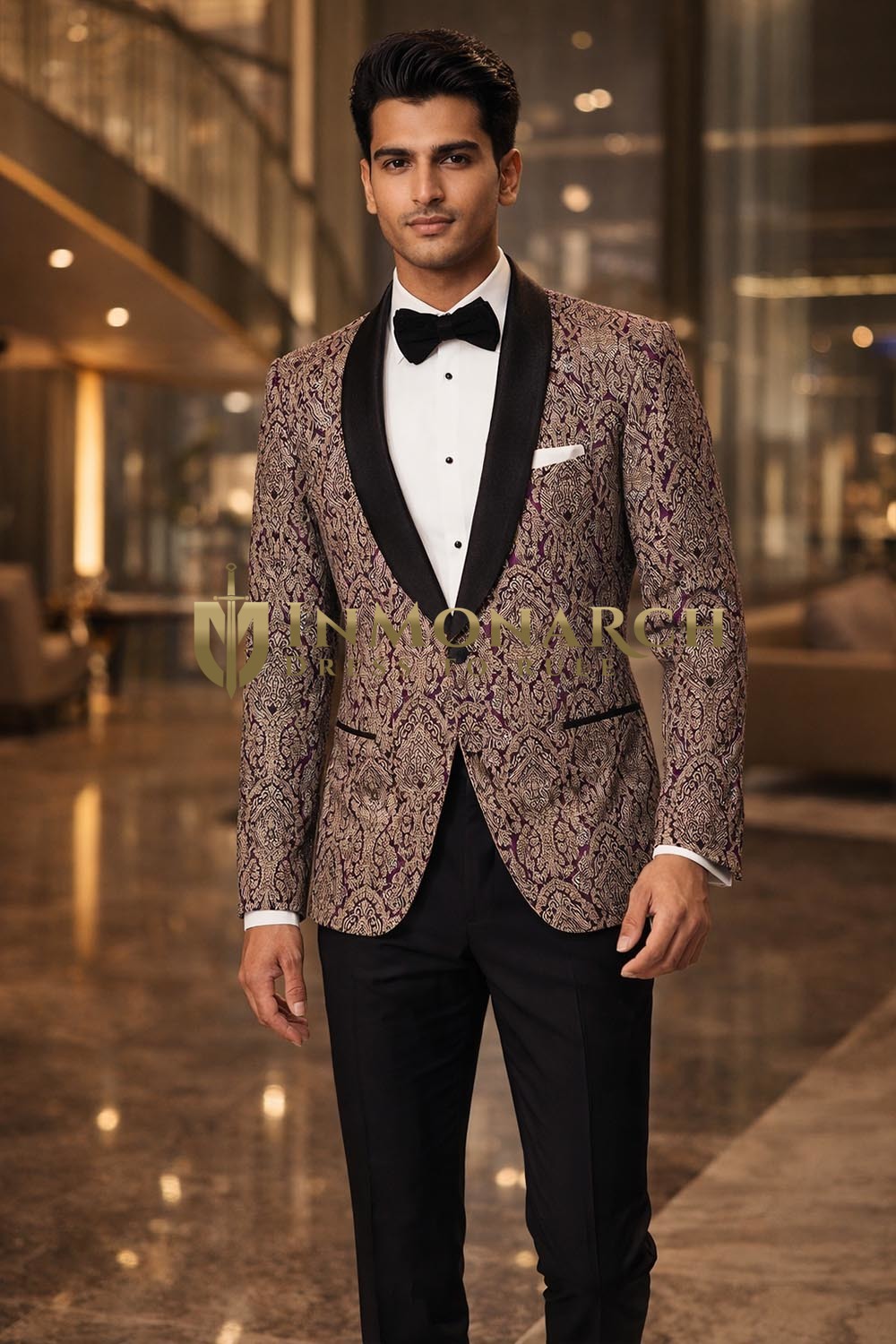 Mens Purple Kimkhab Shawl Lapel Tuxedo 2 Piece Slim Fit Wedding Wear
