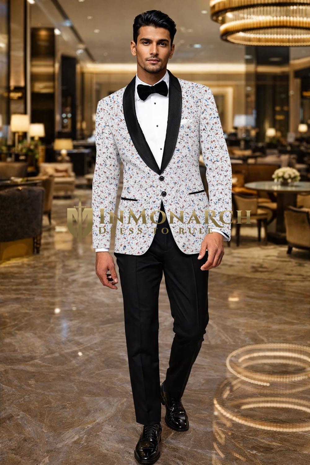 Mens White Floral Print Shawl Lapel Tuxedo 2 Piece Slim Fit Party Wear