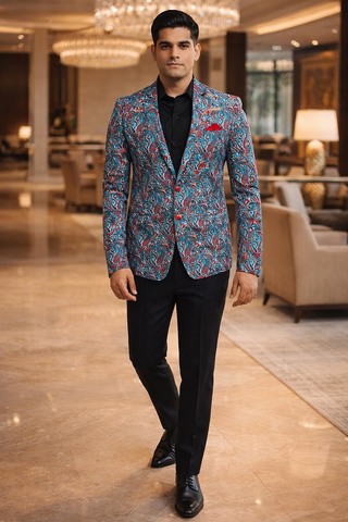 Mens Steel Blue Red Paisley Blazer Slim Fit Two Button Party Jacket Coat
