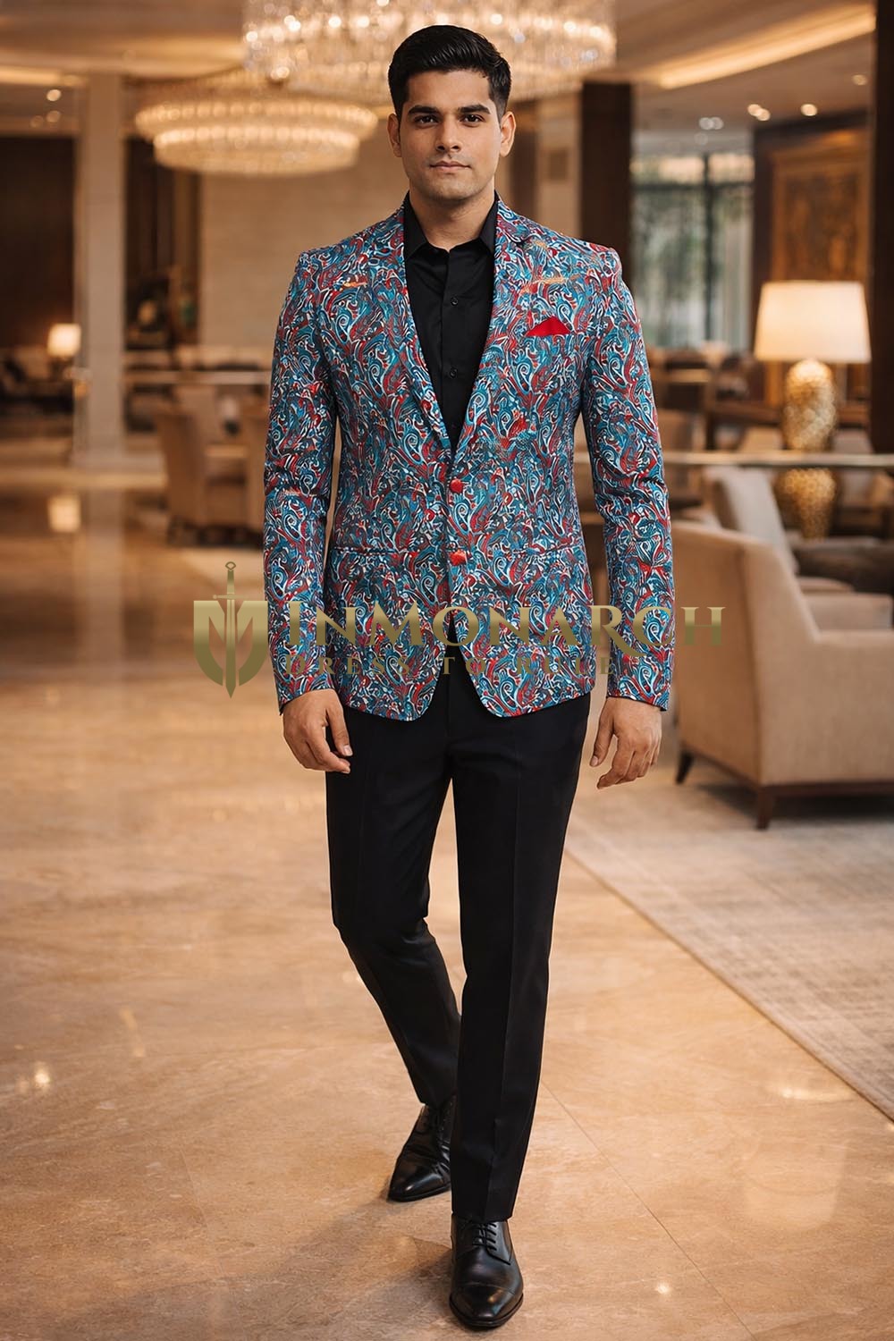 Mens Steel Blue Red Paisley Blazer Slim Fit Two Button Party Jacket Coat