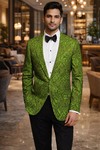 Mens Green Embroidered Blazer Slim Fit One Button Party Jacket Coat