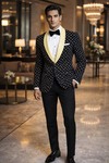 Mens Navy Gold Print Shawl Lapel Tuxedo 2 Piece Slim Fit Party Wear