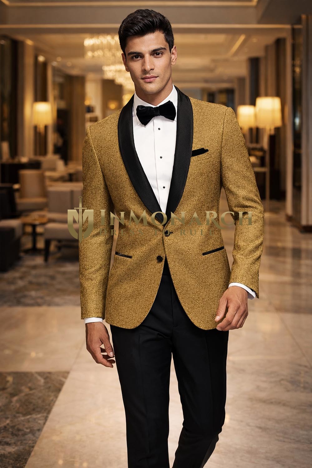 Mens Tan Printed Tuxedo Black Shawl Lapel Slim Fit Party Wear Jacket