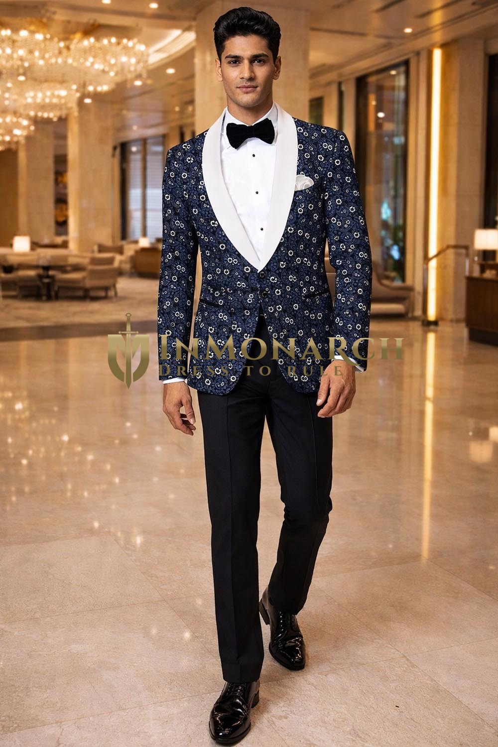 Mens Navy Paisley Print Shawl Lapel Tuxedo Slim Fit Party Wear Jacket