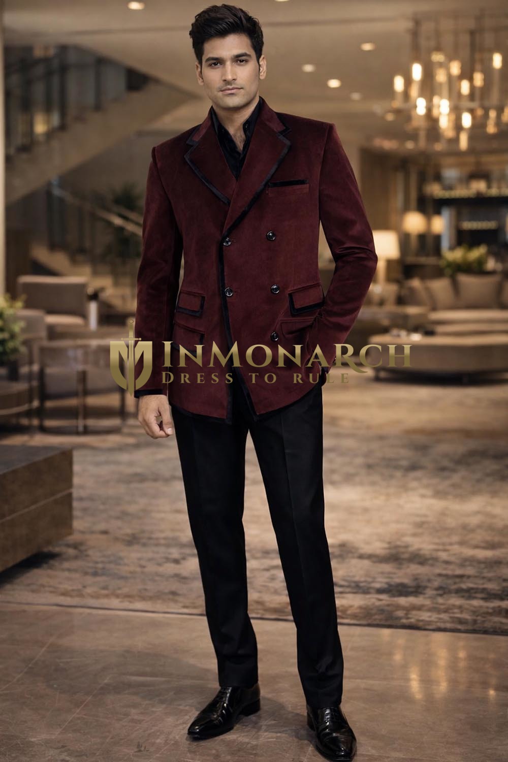 Mens Burgundy Double Breasted Velvet Blazer Slim Fit Party Jacket