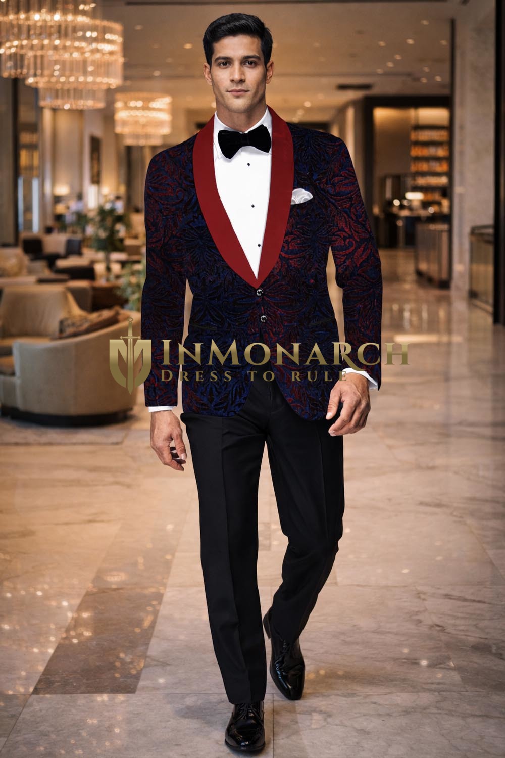 Mens Regency Velvet Tuxedo Red Shawl Collar Slim Fit Wedding Blazer