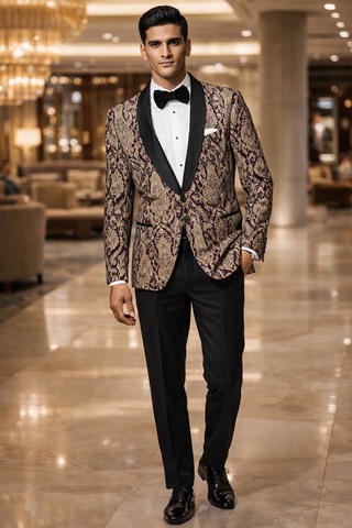 Blazer marié kimkhab violet fleurs dorées