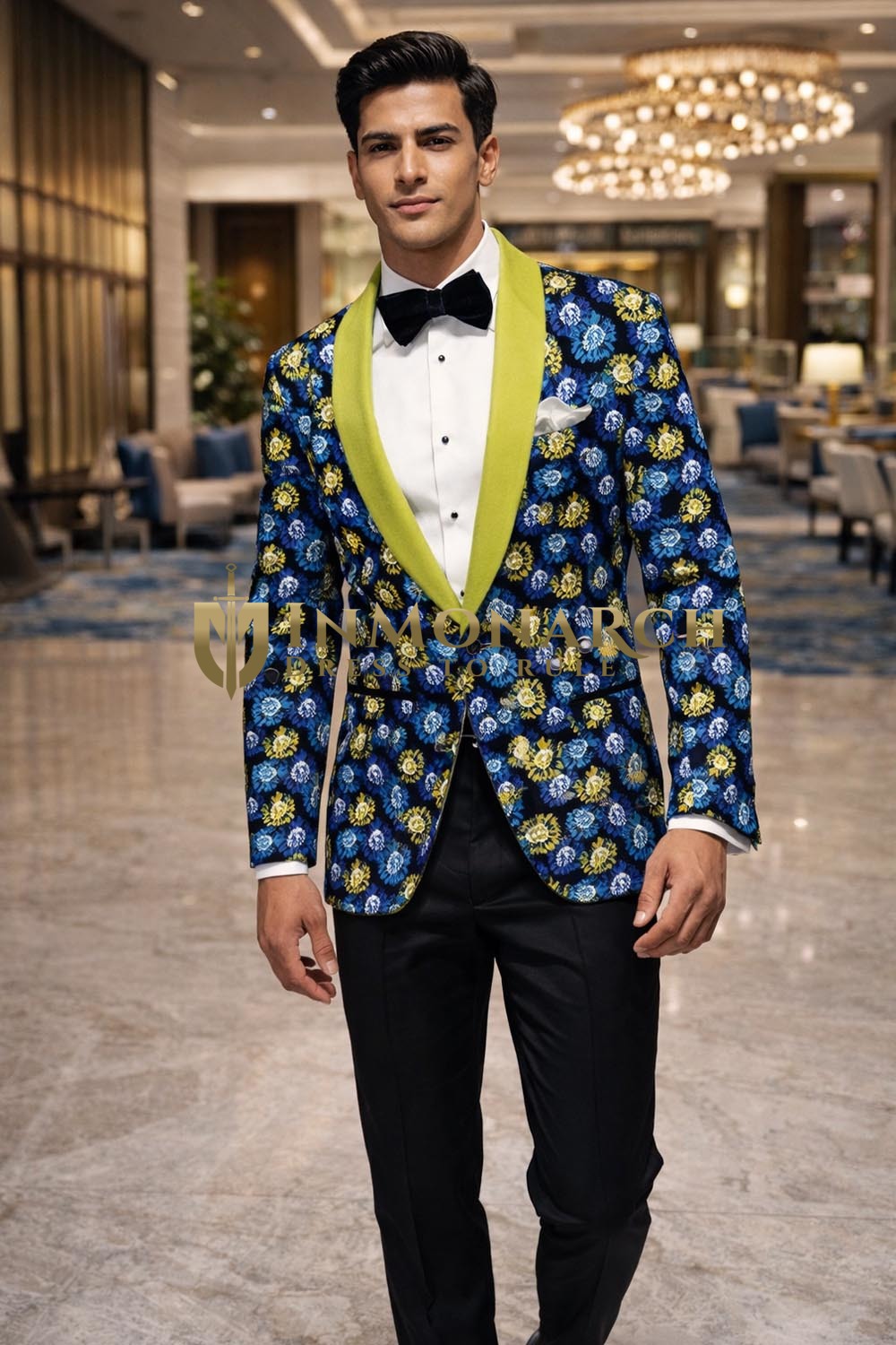 Mens Blue Yellow Floral Shawl Lapel Tuxedo Blazer Slim Fit Party Jacket