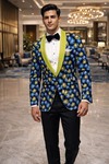 Mens Blue Yellow Floral Shawl Lapel Tuxedo Blazer Slim Fit Party Jacket