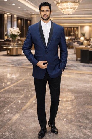 Blazer noir satin col double bleu