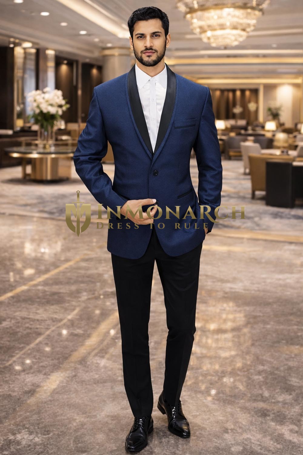 Mens Navy Blue Shawl Lapel Tuxedo Blazer Slim Fit Formal Dinner Jacket