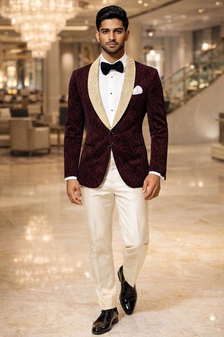 Blazer magenta slim col châle motif cachemire