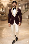 Mens Magenta Paisley Velvet Shawl Lapel Tuxedo Blazer Slim Fit Party Jacket