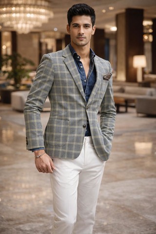 Mens Gray Check Slim Fit Two Button Blazer Formal Sport Jacket Coat Style