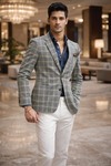 Mens Gray Check Slim Fit Two Button Blazer Formal Sport Jacket Coat Style