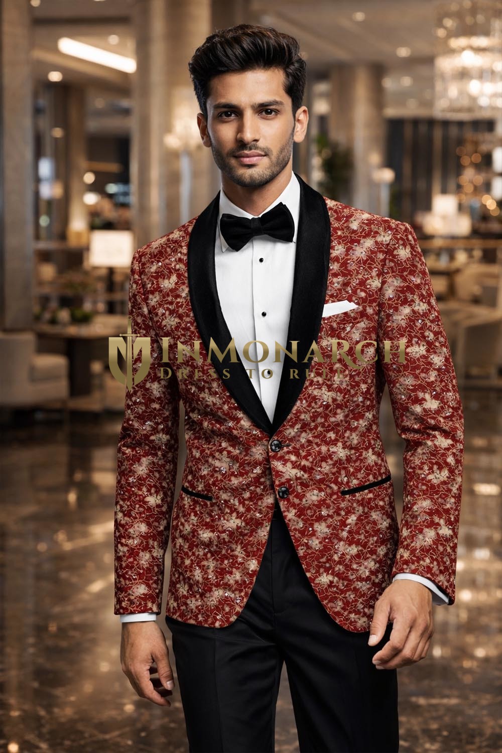 Mens Burgundy Floral Shawl Lapel Tuxedo Blazer Slim Fit Party Jacket