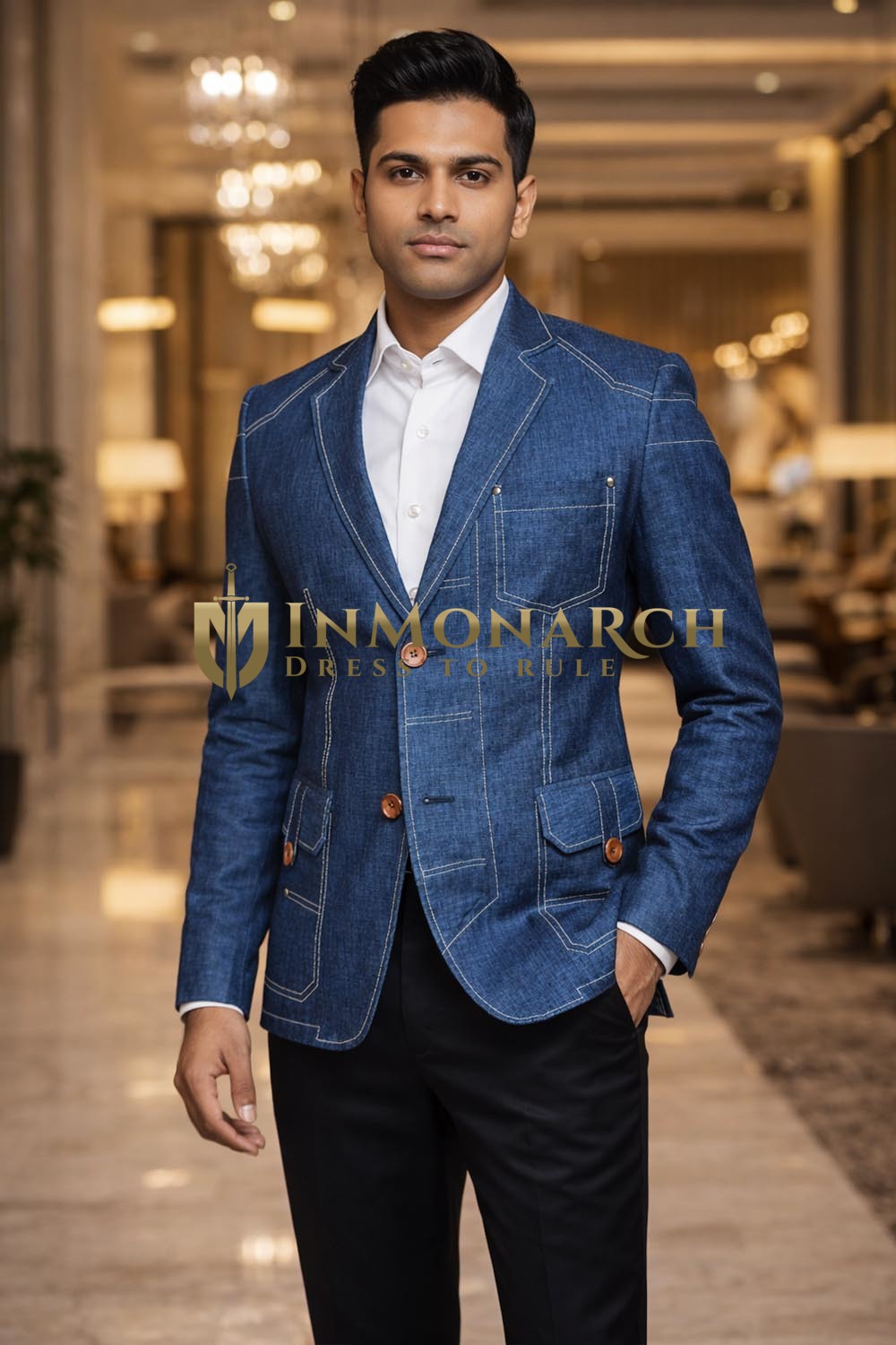 Schlanker Leinenblazer mit fallendem Revers in Blau