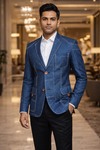 Schlanker Leinenblazer mit fallendem Revers in Blau