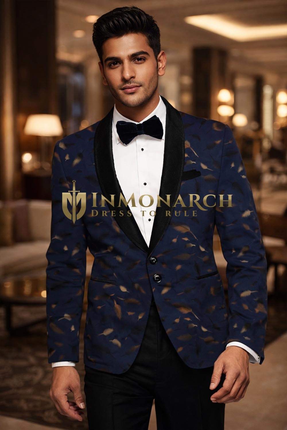 Mens Dark Navy Digital Print Shawl Lapel Slim Fit Formal Blazer Jacket