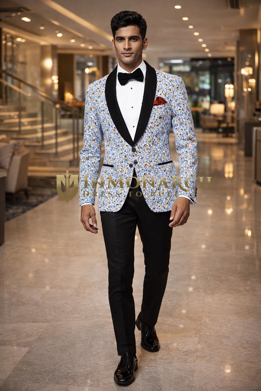 Mens Sky Blue Printed Party Blazer Shawl Lapel Slim Fit Jacket