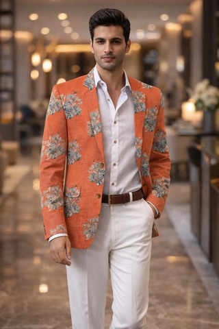 Blazer rouge brodé col châle homme